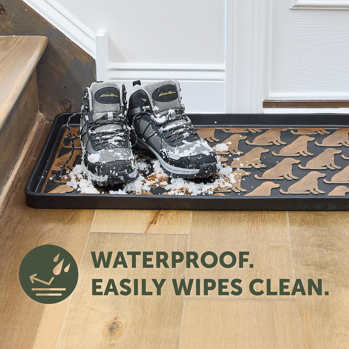 Eddie Bauer Rubber Boot Tray – Lake Waves Design, 16"x32", Black – Waterproof Entryway Boot Mat