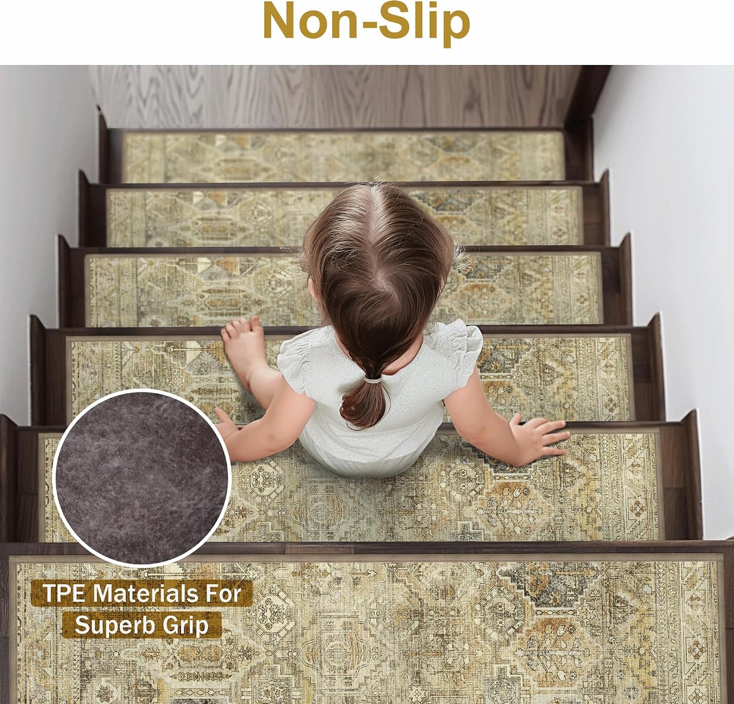 sarben Non Slip Stair Treads for Wooden Steps 15PCS - 8"x30" Indoor Safety Carpet, Edging Mats with TPE Adhesive Backing, Pet and Elderly Friendly Stair Rugs (Taupe) - Colors A