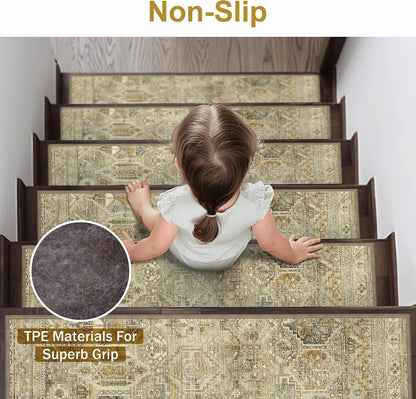 sarben Non Slip Stair Treads for Wooden Steps 15PCS - 8"x30" Indoor Safety Carpet, Edging Mats with TPE Adhesive Backing, Pet and Elderly Friendly Stair Rugs (Taupe) - Colors A