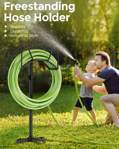 LAND·VOI Freestanding Garden Water Hose Storage Holder Stand for Outside, 160-Ft Hose Heavy Duty Metal Hanger Reel Organizer Outdoor Yard Lawn, Standing Keeper Rack with Ground Stake, Black GHH01BK01