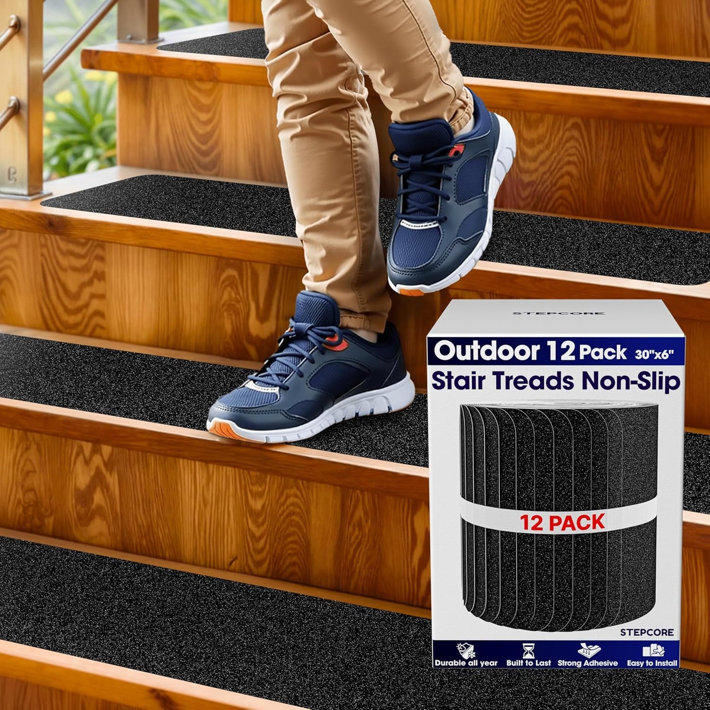 Clear Non Slip Stair Treads for Wooden Steps Indoor 30"x6" – 15-Pack Peel Stick Stair Treads – Self Adhesive Transparent Step Covers – Stair Grip Tape for Dogs, Kids – by STEPCORE