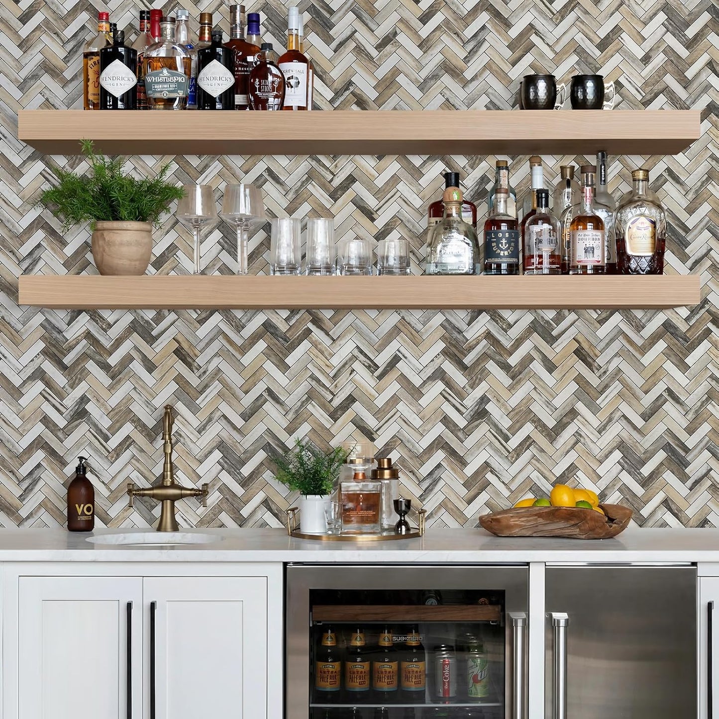 STICKGOO 10 Sheets Herringbone Peel and Stick Backsplash, Stick on Aluminum Composite PVC Kitchen Backsplash, Marble White Mixed Light Grey Look Self Adhesive Wall Tiles