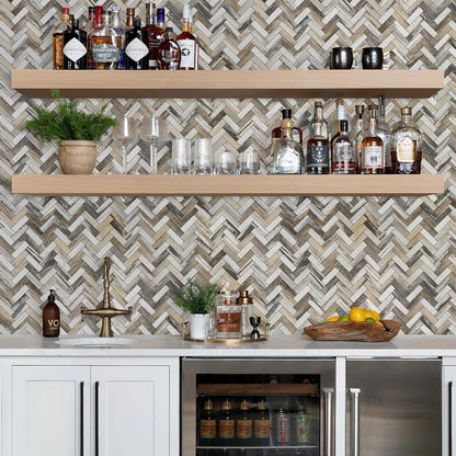 STICKGOO 10 Sheets Herringbone Peel and Stick Backsplash, Stick on Aluminum Composite PVC Kitchen Backsplash, Marble White Mixed Light Grey Look Self Adhesive Wall Tiles