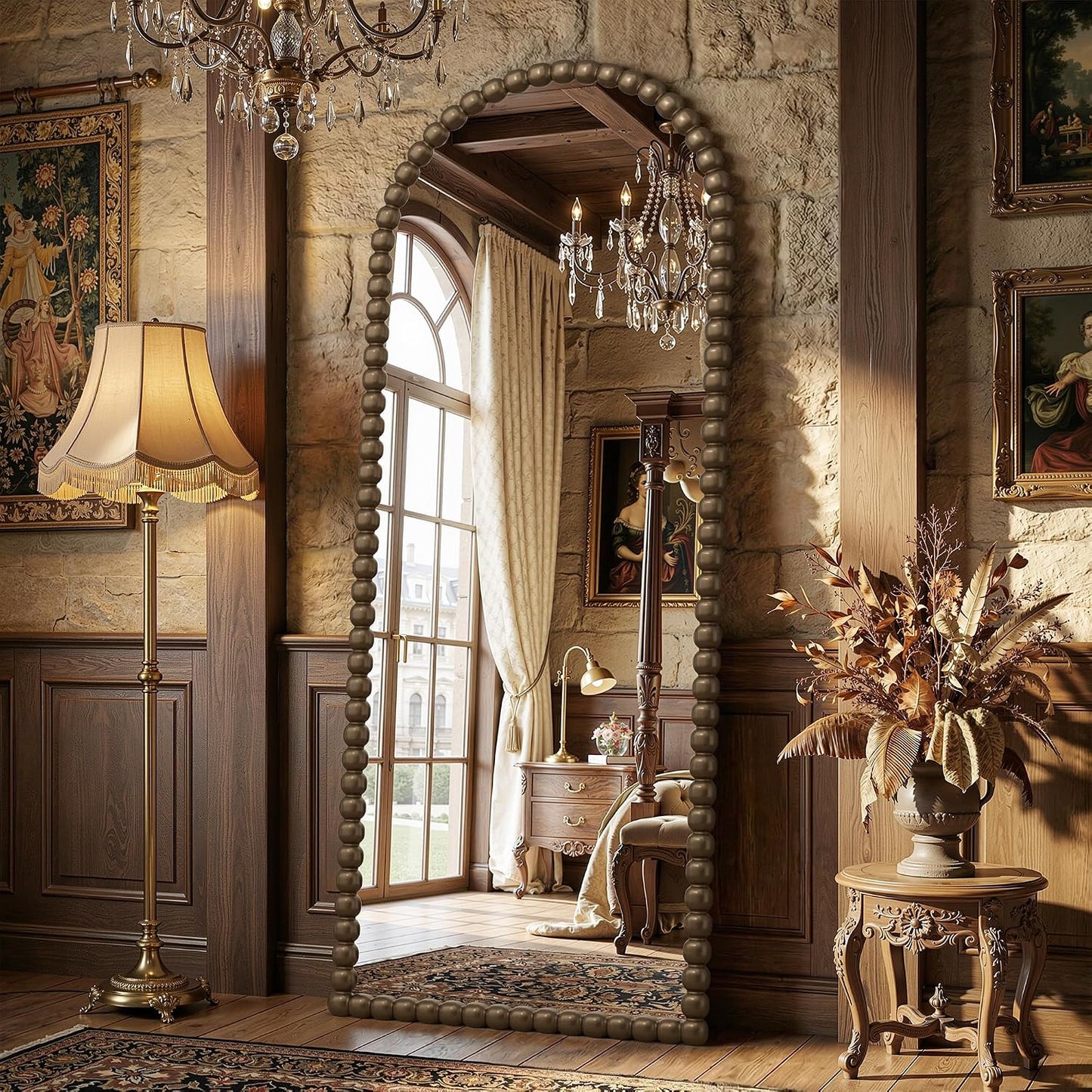 Antok 58" x 21" Arched Full Length Mirror, Antique Beaded Frame Floor Standing or Wall Mounted Mirror with Stand for Bedroom, Entryway, Brown, Luxury Style