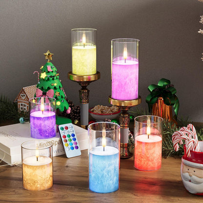 VIODAIM Ice Crystal Real Wax Glass Flameless Candles with Remote & Timer, Battery Operated Candles with Warm Flickering Flame, Realistic LED Candle for Wedding Home Decor [D3×H4/5"/6"] Gold, 3Pack