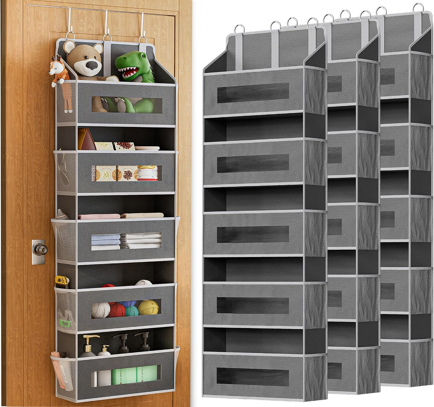 2 Pack 5 Tier Over The Door Organizer - Large Capacity Behind Door Hanging Shelves with 10 Mesh Pockets and Clear Windows, Closet Organizers and Storage for Bathroom, Bedroom, Nursery, Grey