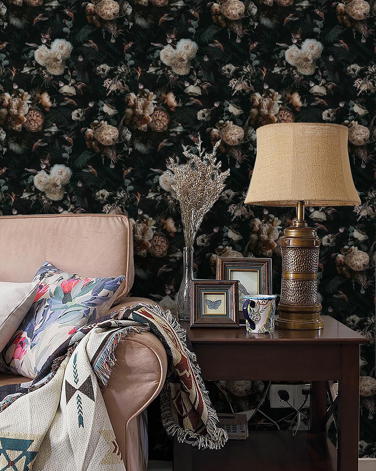 Floralplus Peel and Stick Wallpaper Removable Dark Floral Wallpaper 17.5 x 393 in Renter Friendly Wallpapers for Bedroom Accent Wall Black Floral Contact Paper Flower Wall Mural