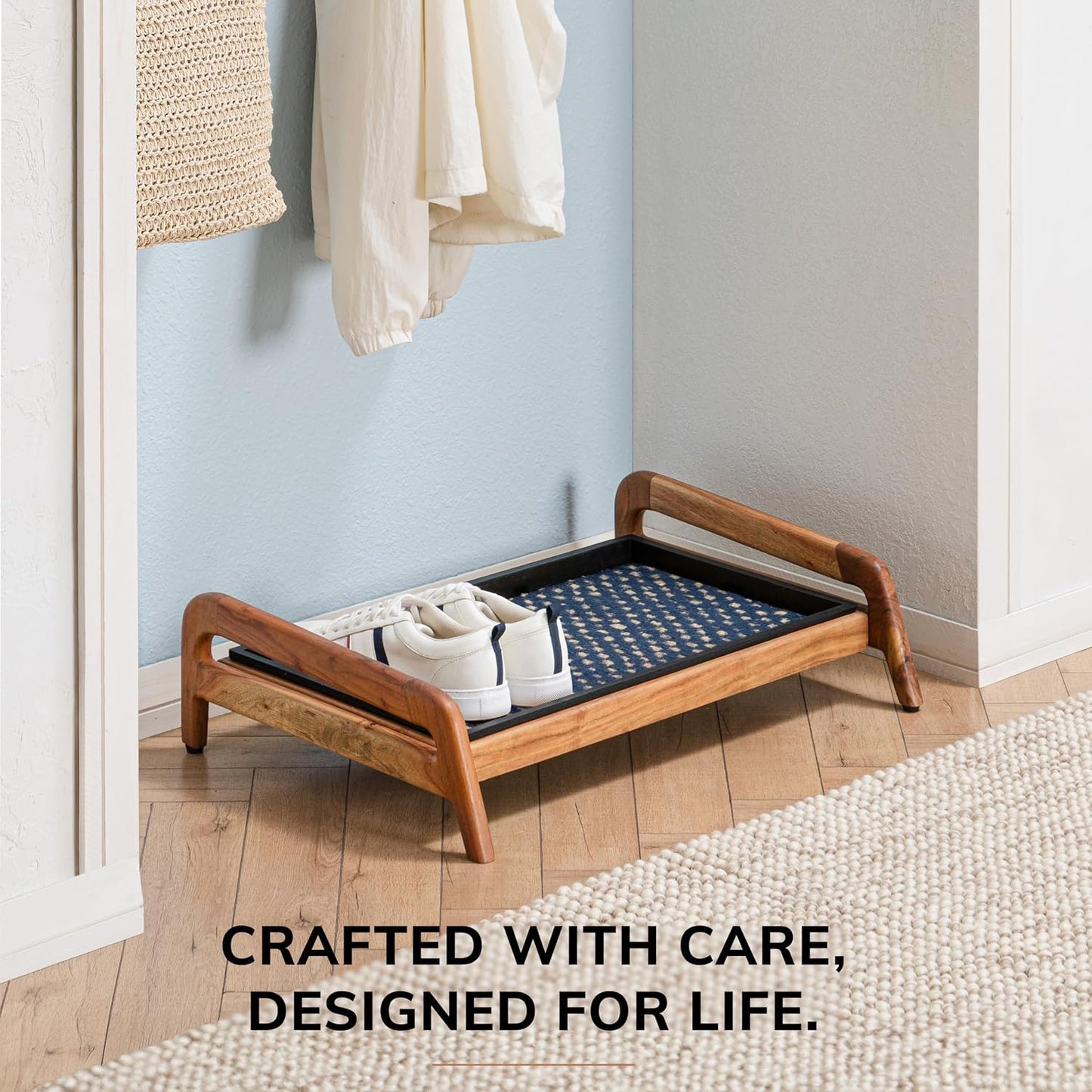 Anji Mountain Heavy Duty Waterproof Wooden Shoe Storage Mat Organizer/Boot Storage Tray Multi Use for Entryway with Coir, Tan Rectangle Embossed Insert, 1 Tier, Fits 2 Pair (26.5" Wide)