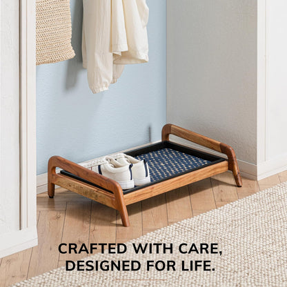 Anji Mountain Heavy Duty Waterproof Wooden Shoe Storage Mat Organizer/Boot Storage Tray Multi Use for Entryway with Coir, Tan Rectangle Embossed Insert, 1 Tier, Fits 2 Pair (26.5" Wide)