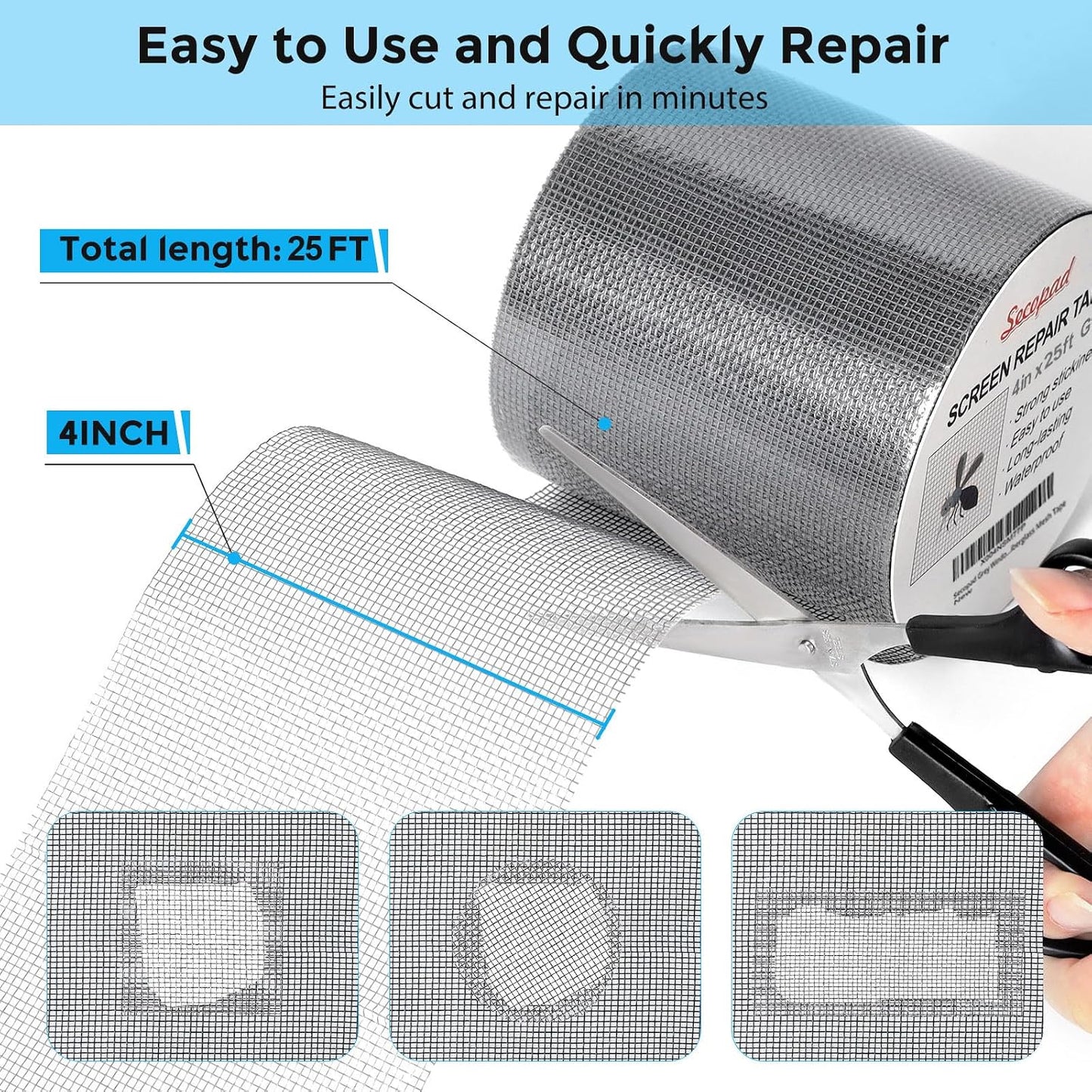 Secopad Black Window Screen Repair Tape, 4 in X 20 FT (240IN) Kit for Windows or Doors, Strong Adhesive Patch Fiberglass Mesh Repair
