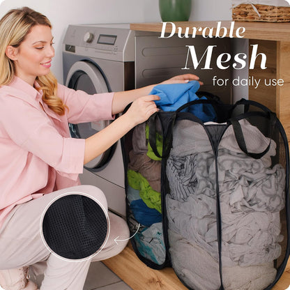 Handy Laundry Double Pop Up Hamper, 2 Section Mesh Basket, Black | Collapsible Laundry Basket, 44 Gal Foldable Divided Sorter, Reinforced Handles, Dual Compartment for Dorm, Travel, Apartment
