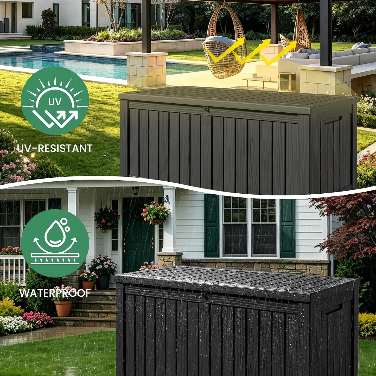 100 Gallon Storage Box, Waterproof Resin Deck Box with Hydraulic Piston Design, Lockable Storage Bench for Package Delivery, Storage Bin for Patio Cushions, Garden Tools, Black
