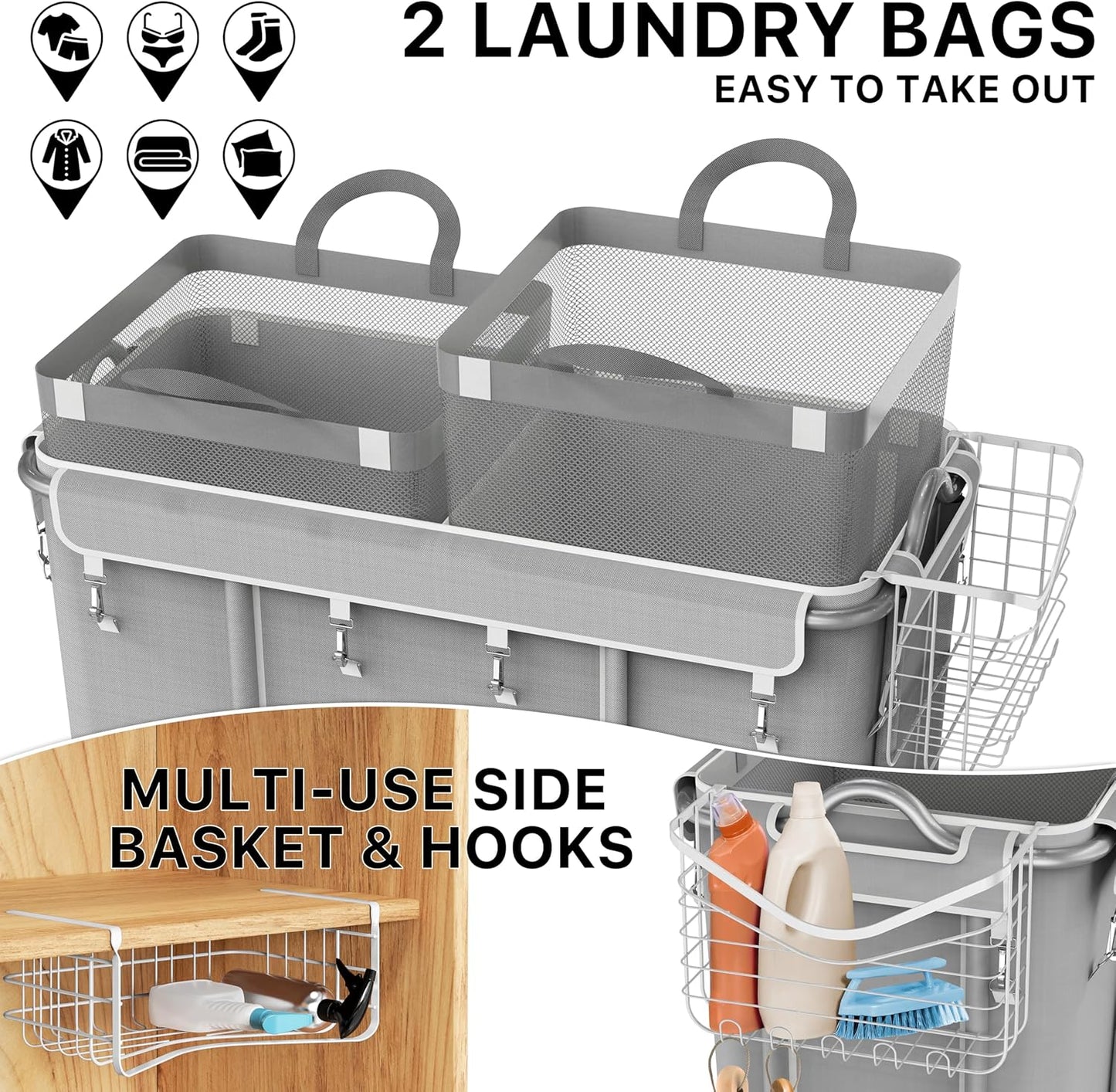 Simple Houseware Extra Large 2 Section Rolling Laundry Cart 265L (70 Gal) – Heavy Duty Hamper with 2 Removable Bags & 6 Smooth Wheels – Commercial Laundry Organizer for Home, Hotel, Dorm, Gym, Gray