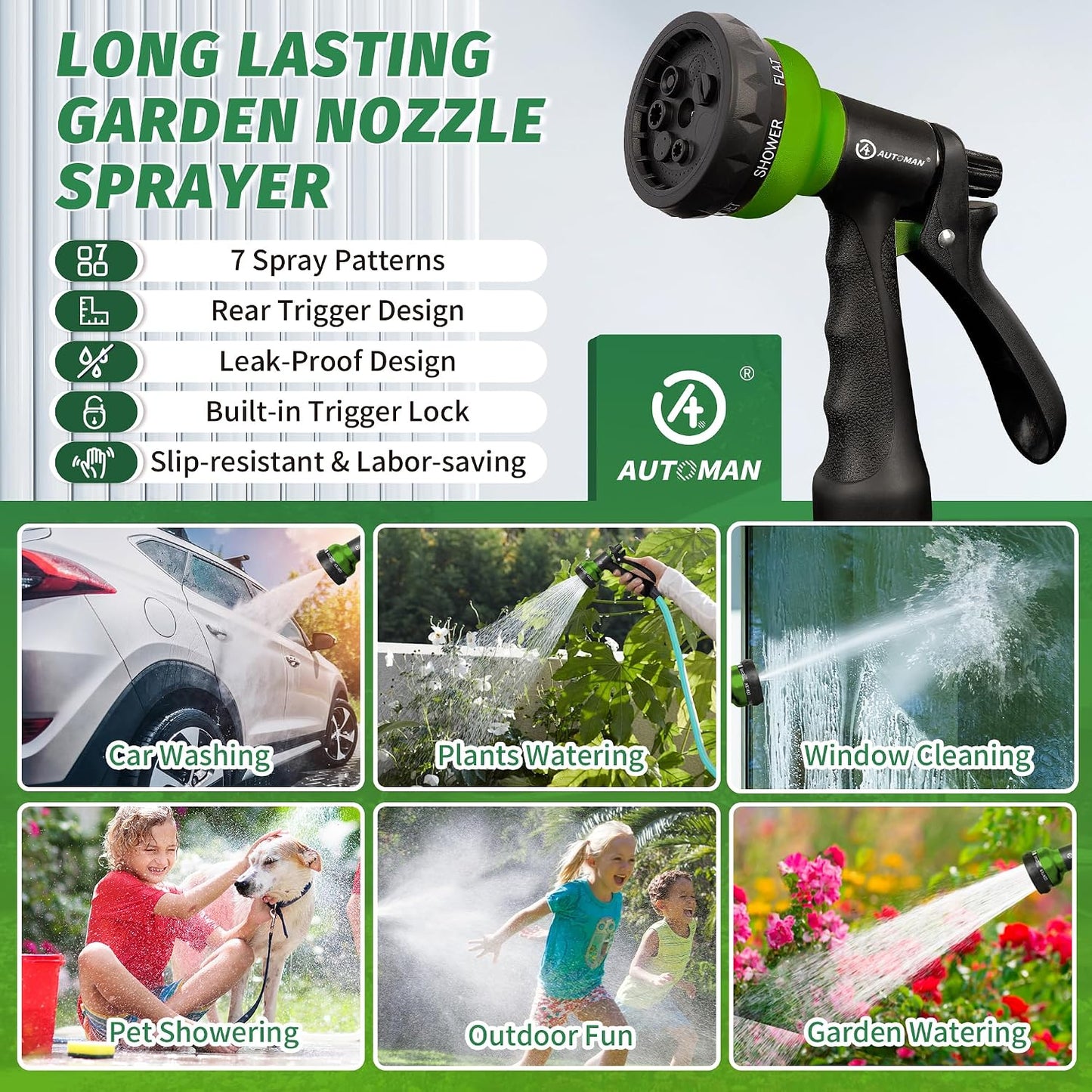 AUTOMAN Garden Hose Nozzle - 2 Pack, 100% Metal High Pressure Spray Nozzle, Labor-Saving Design, Heavy Duty for Garden Watering, Car Washing, Window Cleaning, Pets Bathing