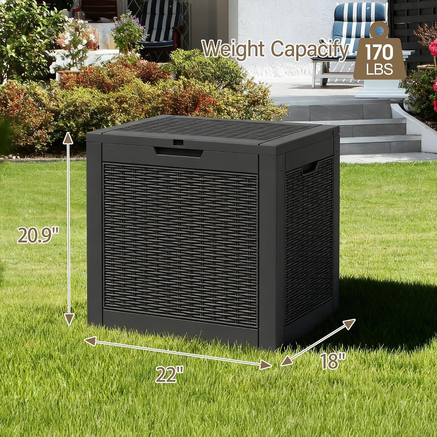 Outdoor Storage Box, 45 Gallon Deck Box with Lockable Lid, Waterproof Resin Storage Bin for Cushions, Garden Tools, Patio Furniture, Grey