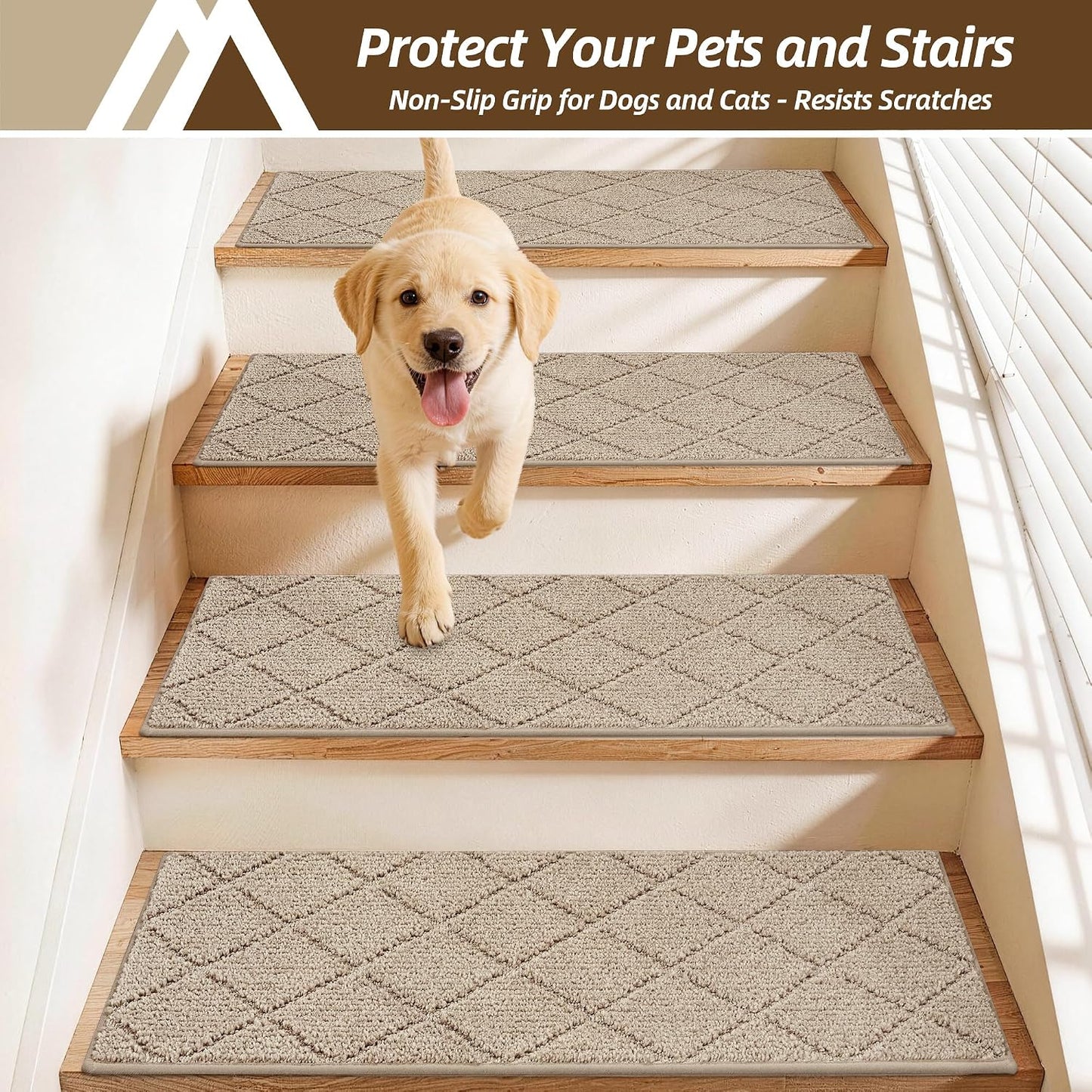 COSY HOMEER Edging Stair Treads Non-Slip Carpet Mat 28inX9in Indoor Stair Runners for Wooden Steps, Edging Stair Rugs for Kids and Dogs, 100% Polyester TPE Backing(4pc, Beige)