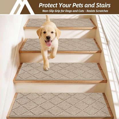 COSY HOMEER Edging Stair Treads Non-Slip Carpet Mat 28inX9in Indoor Stair Runners for Wooden Steps, Edging Stair Rugs for Kids and Dogs, 100% Polyester TPE Backing(4pc, Beige)