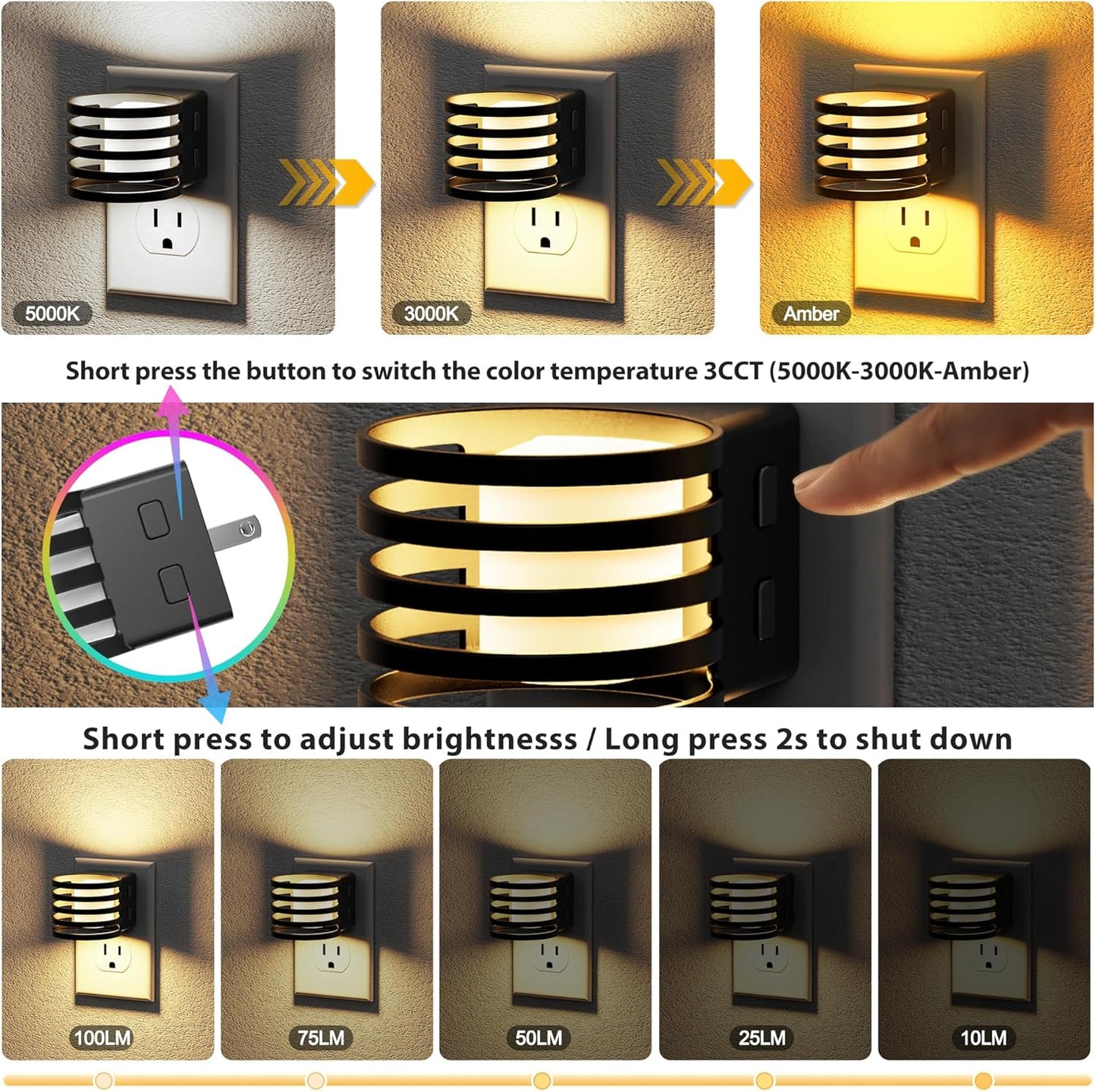 JandCase Motion Sensor Night Light, [2 Pack] Night Lights Plug into Wall, Dusk to Dawn & Motion Sensor, 3 Level Brightness Dimmable Plug in Night Light, 3000K Nightlight for Bedroom Bathroom Hallway