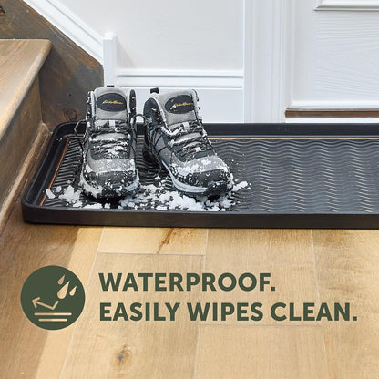 Eddie Bauer Rubber Boot Tray – Lake Waves Design, 16"x32", Black – Waterproof Entryway Boot Mat