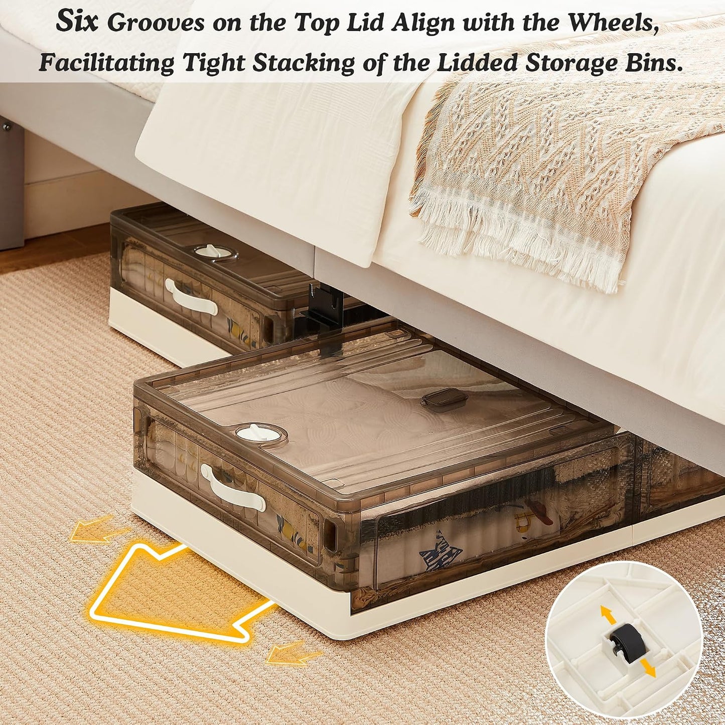 VECELO Under Bed Storage with Wheels, 2 Pack Stackable Under Bed Storage Containers, Underbed Storage Containers with Lids, Plastic Foldable Folding Box for Clothes Shoes, Grey