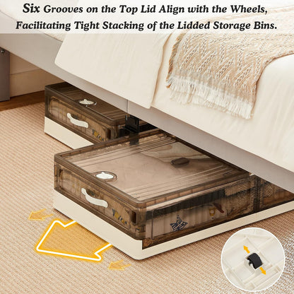VECELO Under Bed Storage with Wheels, 2 Pack Stackable Under Bed Storage Containers, Underbed Storage Containers with Lids, Plastic Foldable Folding Box for Clothes Shoes, Grey