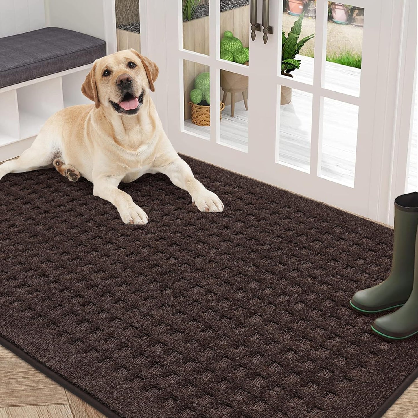 BEQHAUSE Dirt Trapper Door Mats 20"x32", Non-Slip Waffle Doormat Indoor Entrance Low-Profile, Dirt Resist and Absorbent Entryway Rugs Washable Inside Welcome Floor Mat for Front Back Door, Beige