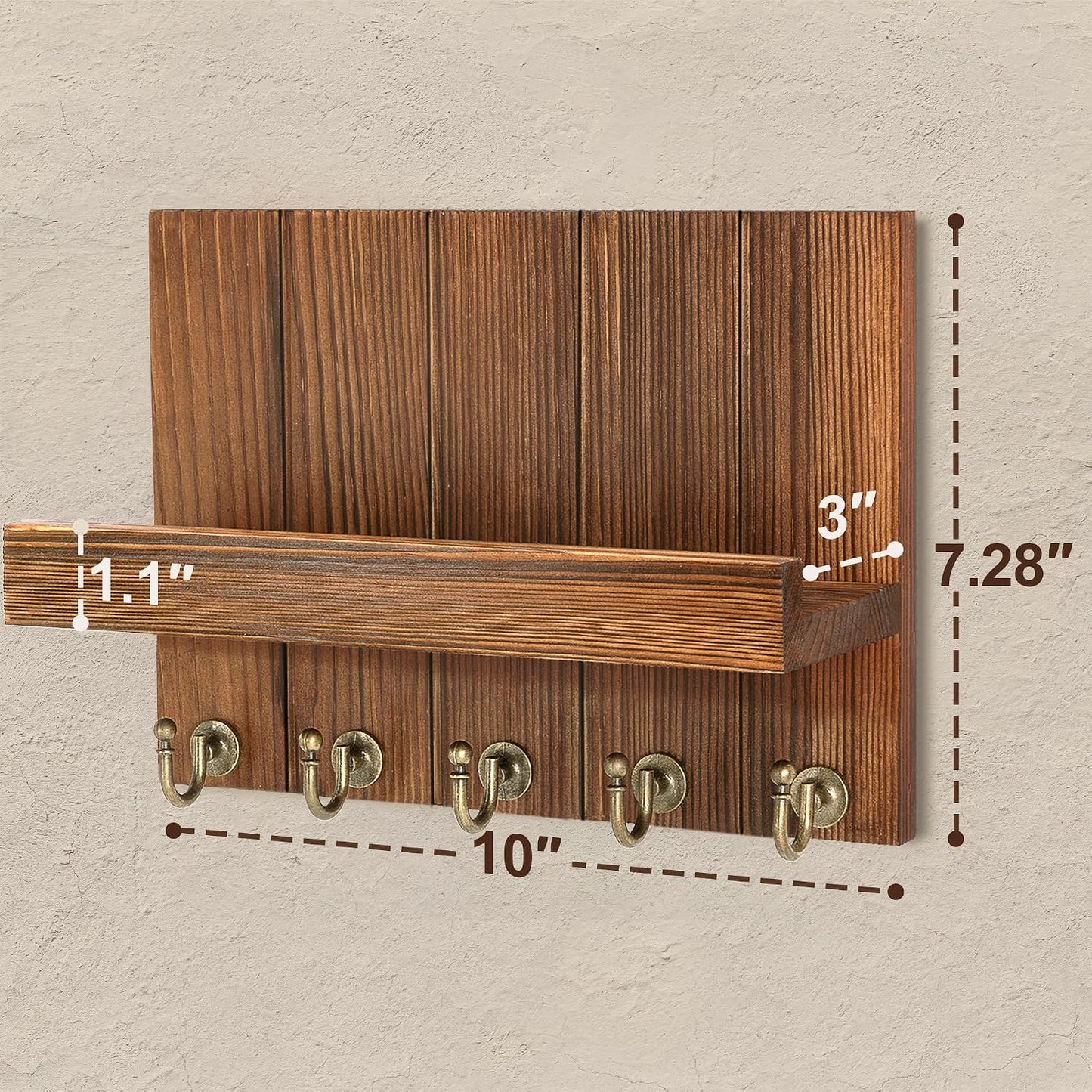 Rebee Vision Decorative Key Holder Wall Mount - Rustic Key Holder for Wall with Shelf and Mail Organizer for Living Room Decor - Home Essentials for Home Improvement (Brown, 3.54" x 10" x 7.28")