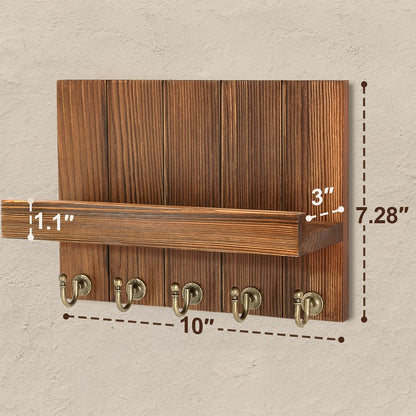 Rebee Vision Decorative Key Holder Wall Mount - Rustic Key Holder for Wall with Shelf and Mail Organizer for Living Room Decor - Home Essentials for Home Improvement (Brown, 3.54" x 10" x 7.28")