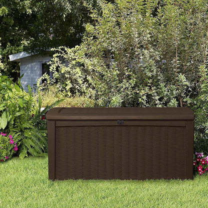 Keter Outdoor Storage Deck Box for Patio, Backyard & Garden, Borneo, 110 Gal, Grey - Lockable, Organizing, and Waterproof Plastic Container Bench