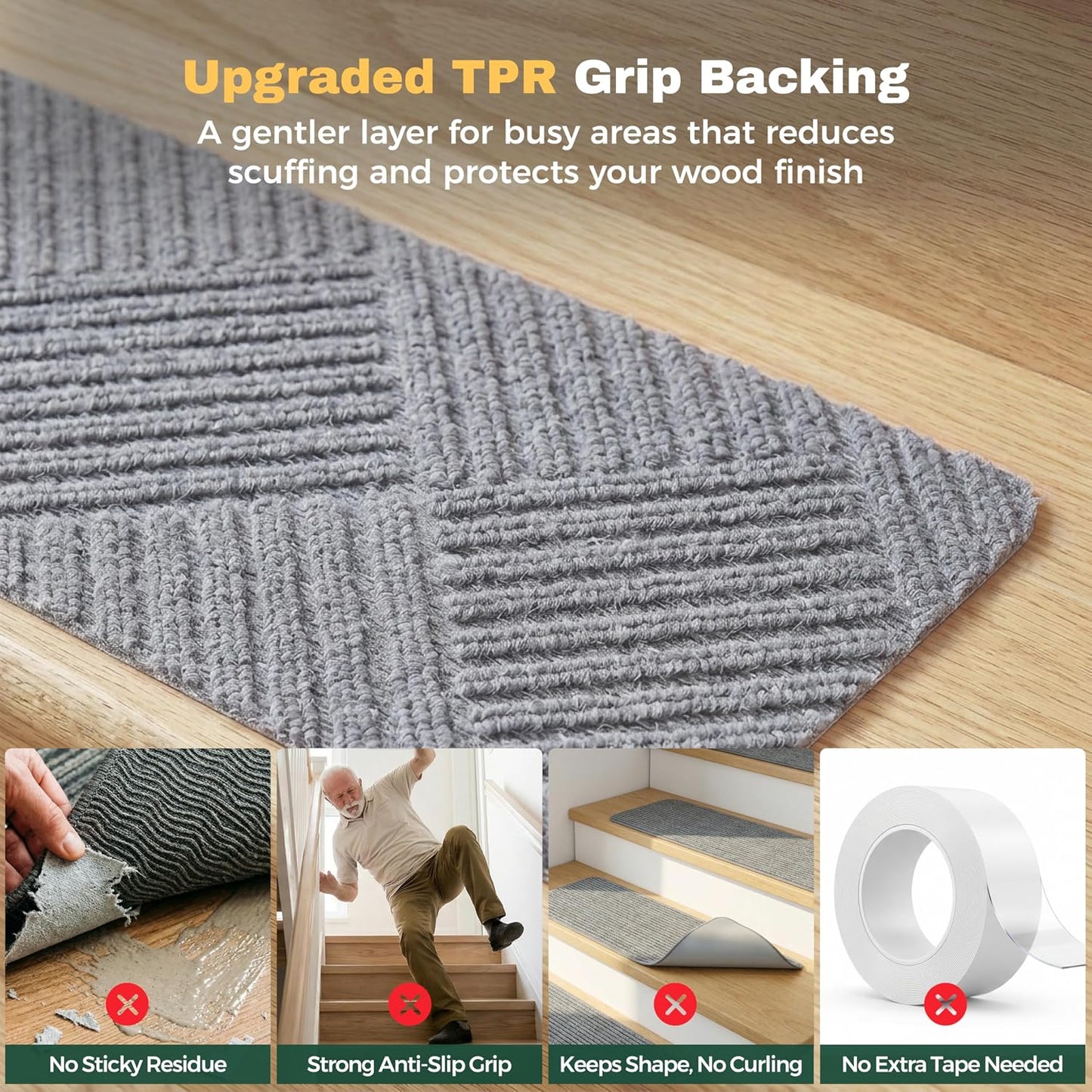 MBIGM 8" X 30" (15 in Pack) Non-Slip Carpet Stair Treads Non-Skid Safety Rug Slip Resistant Indoor Runner for Kids Elders & Pets with Reusable Adhesive - Dark Gray Diamond Weave