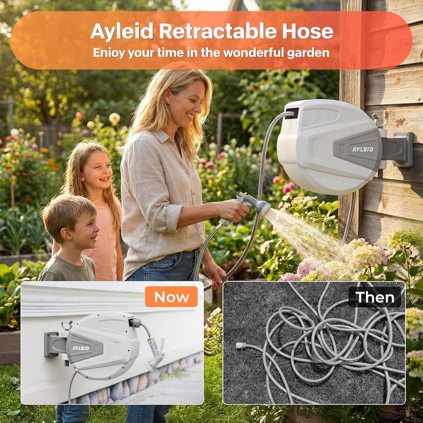Ayleid Retractable Rubber Hybrid Garden Hose Reel, 1/2"x100ft Wall Mount | Anti-freeze, kink-free premium rubber hybrid hose, 24-month warranty, 9-pattern sprayer, any-length lock, slow auto-return.