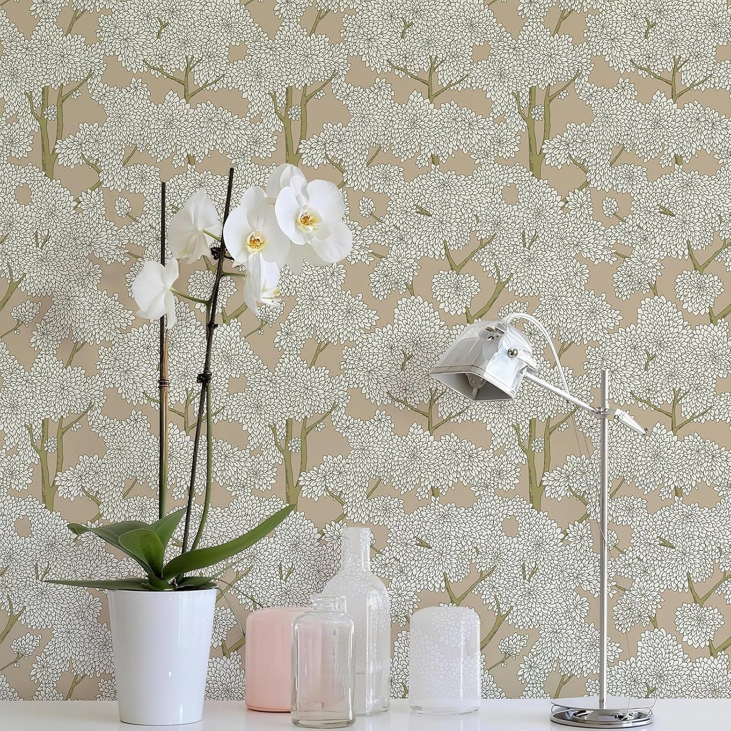JiffDiff Tree Wallpaper Peel and Stick Jungle Wall Paper Forest Mural Stick on Wallpaper Modern Waterproof Self Adhesive Contact Paper (17.3" x 120" Cream)