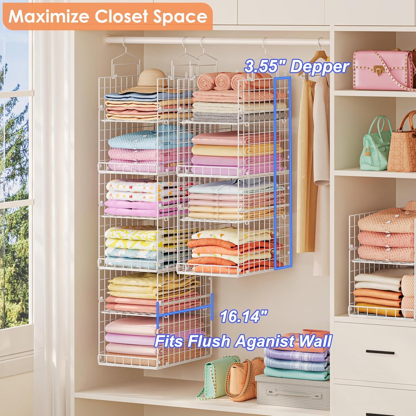 8-Tier Extended Depth Hanging Closet Organizers and Storage for Closet System, Stackable Closet Shelves with 4 Adjustable Dividers for Clothes Sweaters Purses, Wire Hanging Basket Fits Closet Laundry