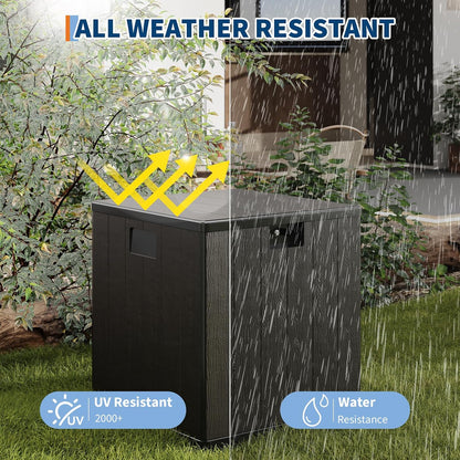28-Gallon Waterproof Outdoor Storage Box, Lockable Resin Deck Box with Lid, Patio Storage Bin for Pool, Garden Tools & Backyard, All-Weather Protection, Black Wicker