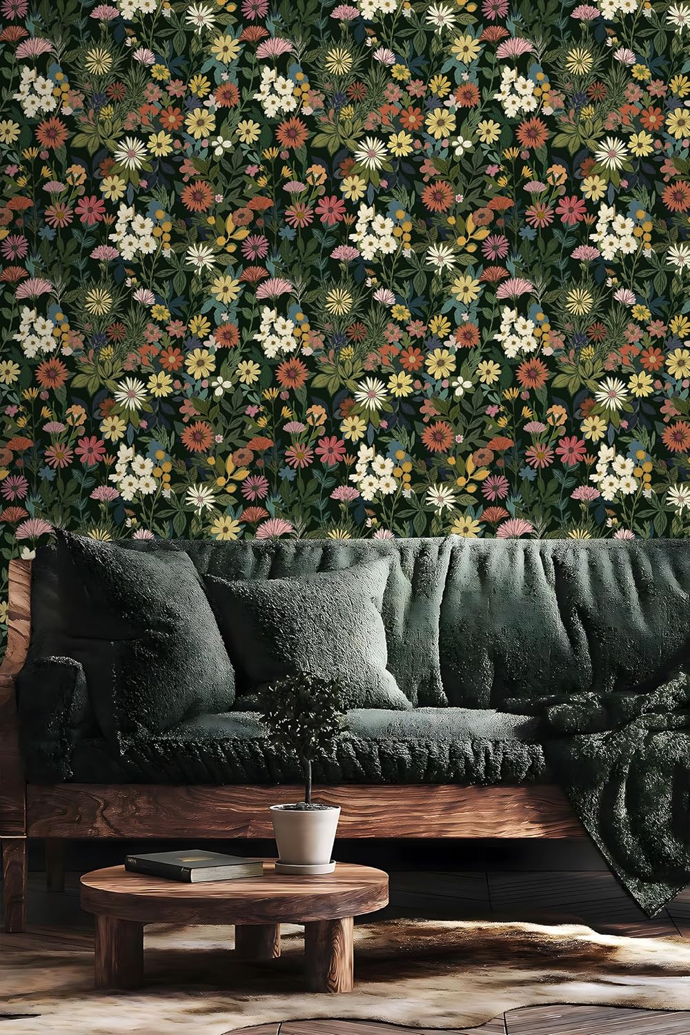 Wallpaper Peel and Stick Boho Wall Paper Removable Waterproof Green Floral Contact Paper for Bedroom, Bathroom,Bathroom, Home Wall 17.3" x 118"