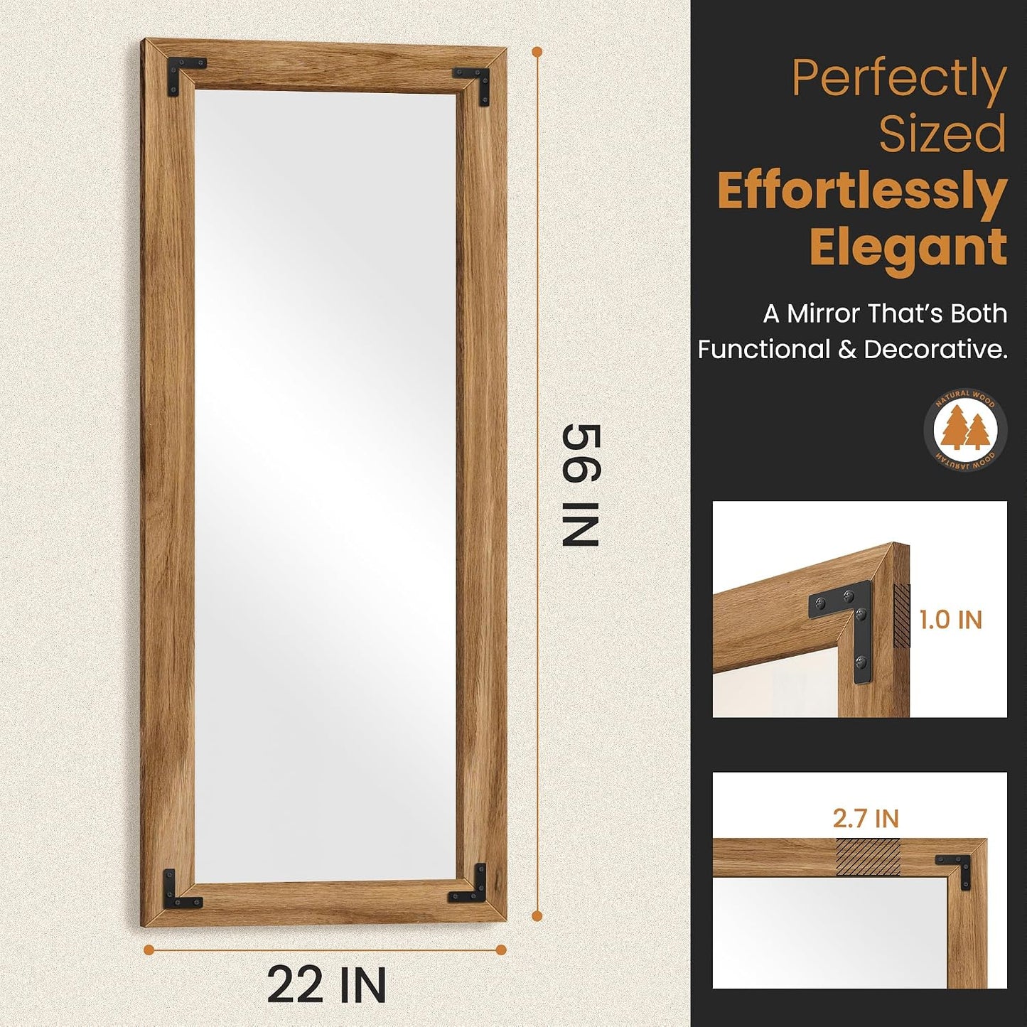 TRAHOME Full Length Mirror with Wooden Frame, 56"X22" Solid Wood Standing Floor Mirror for Farmhouse, Bathroom, Bedroom Decor, Hanging or Leaning Wall-Mounted