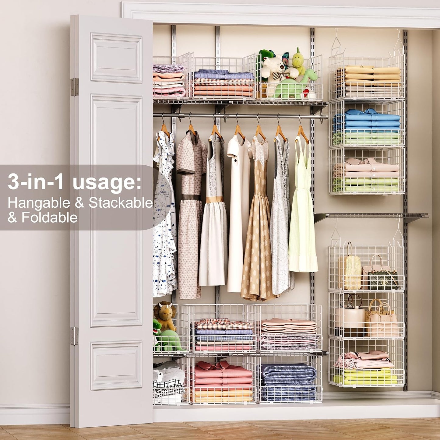 Sonyabecca 3-Tier Hanging Closet Organizers and Storage, Foldable Stackable Wire Basket Bins with 5 S Hooks, Space-Saving Hanging Closet Shelf for Clothing, Sweaters, Handbags, Hats,Purse