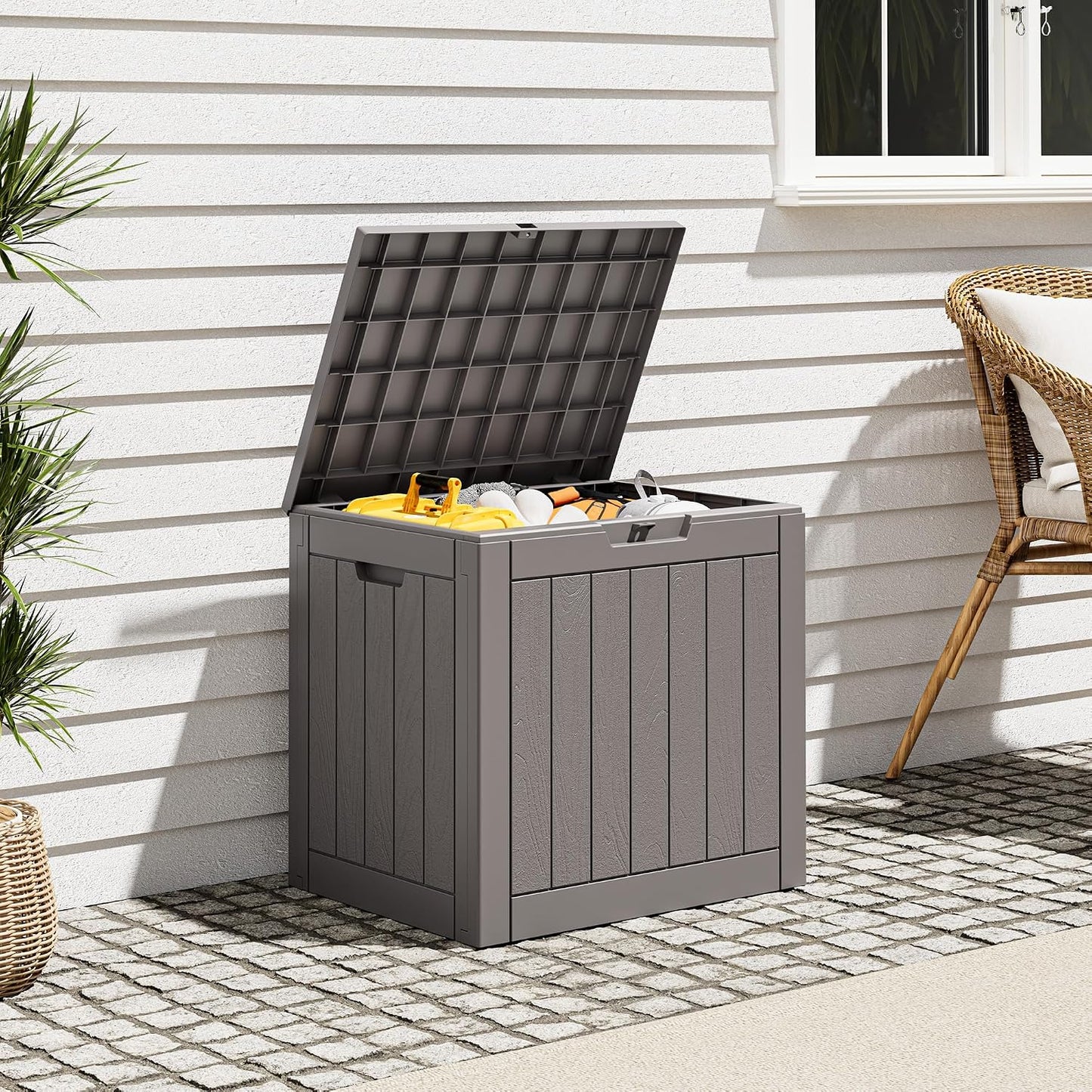 Outdoor Storage Box, Resin Deck Boxes Indoor and outdoor, Waterproof Storage Box Lockable Lid (Black, 85 Gallon)
