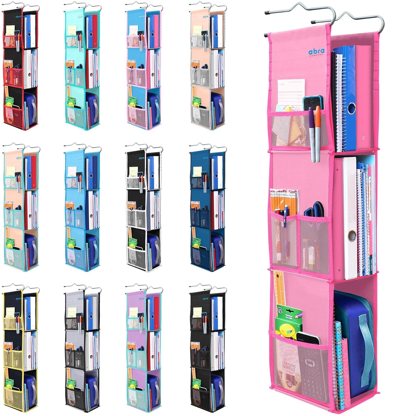ABRA® 3 Shelf Hanging Locker Organizer for School, Gym, Work, Storage | Deep Shelves 6”x 9”| Eco-Friendly Fabric Healthy for Children | Adjustable School Locker Shelf 3 to 2 Shelves (Pink)