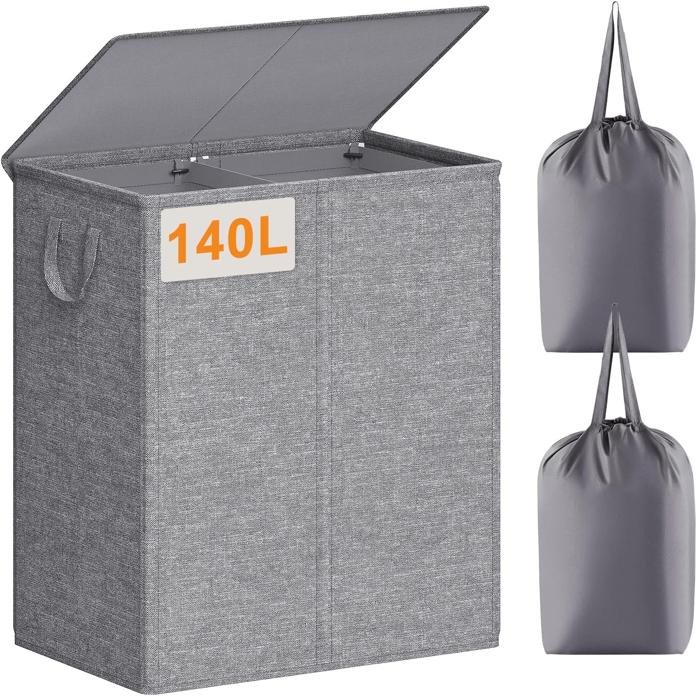 Chrislley 140L Laundry Hamper 2 Section, Double Laundry Basket with Lid, Large Dirty Clothes Hamper with Removable Liner Bags, Collapsible Laundry Organizer for Bedroom, Dorm,Beige