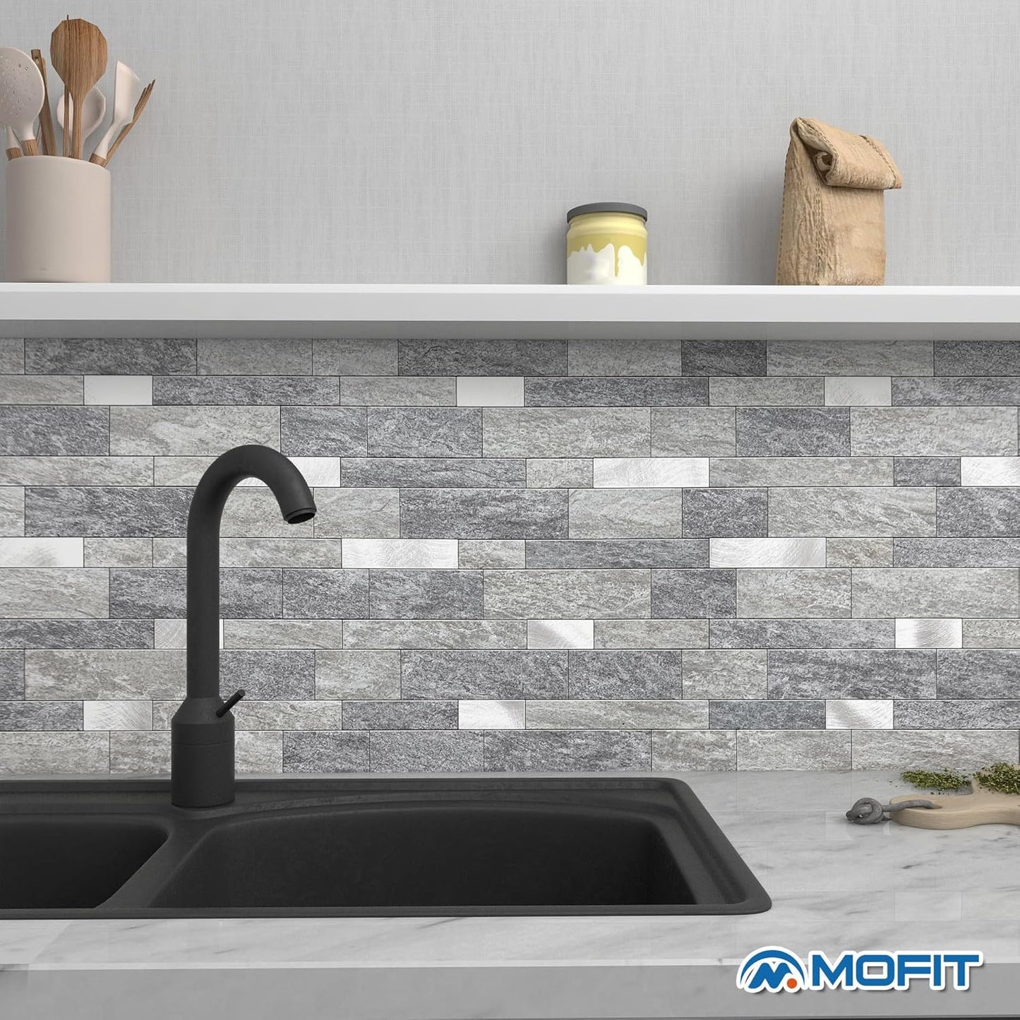 MOFIT Backsplash Tile for Kitchen Peel and Stick Stone Matte Finish,Bathroom Tiles Stickers 3D Wall Panel Linear Mosaic Marble Backsplash Waterproof(10sheets,Blue Green Gray)