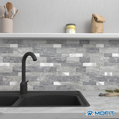 MOFIT Backsplash Tile for Kitchen Peel and Stick Stone Matte Finish,Bathroom Tiles Stickers 3D Wall Panel Linear Mosaic Marble Backsplash Waterproof(10sheets,Blue Green Gray)