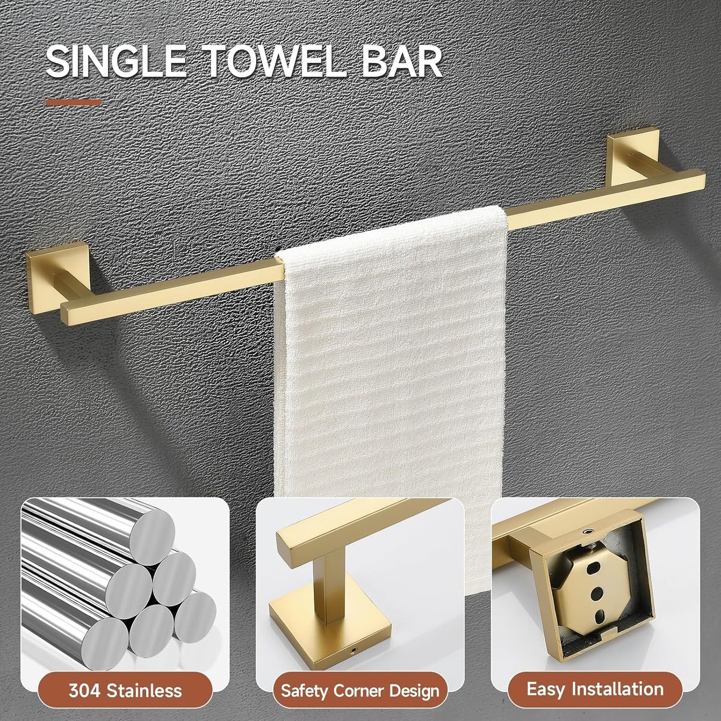 TQKAG Brushed Gold Bathroom Hardware Accessories Set 10 Pieces, 23.6" SUS304 Stainless Steel Towel Bar Set Wall Mounted Includes Single Towel Bar, Towel Ring, Toilet Paper Holder, Double Towel Hooks