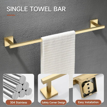 TQKAG Brushed Gold Bathroom Hardware Accessories Set 10 Pieces, 23.6" SUS304 Stainless Steel Towel Bar Set Wall Mounted Includes Single Towel Bar, Towel Ring, Toilet Paper Holder, Double Towel Hooks