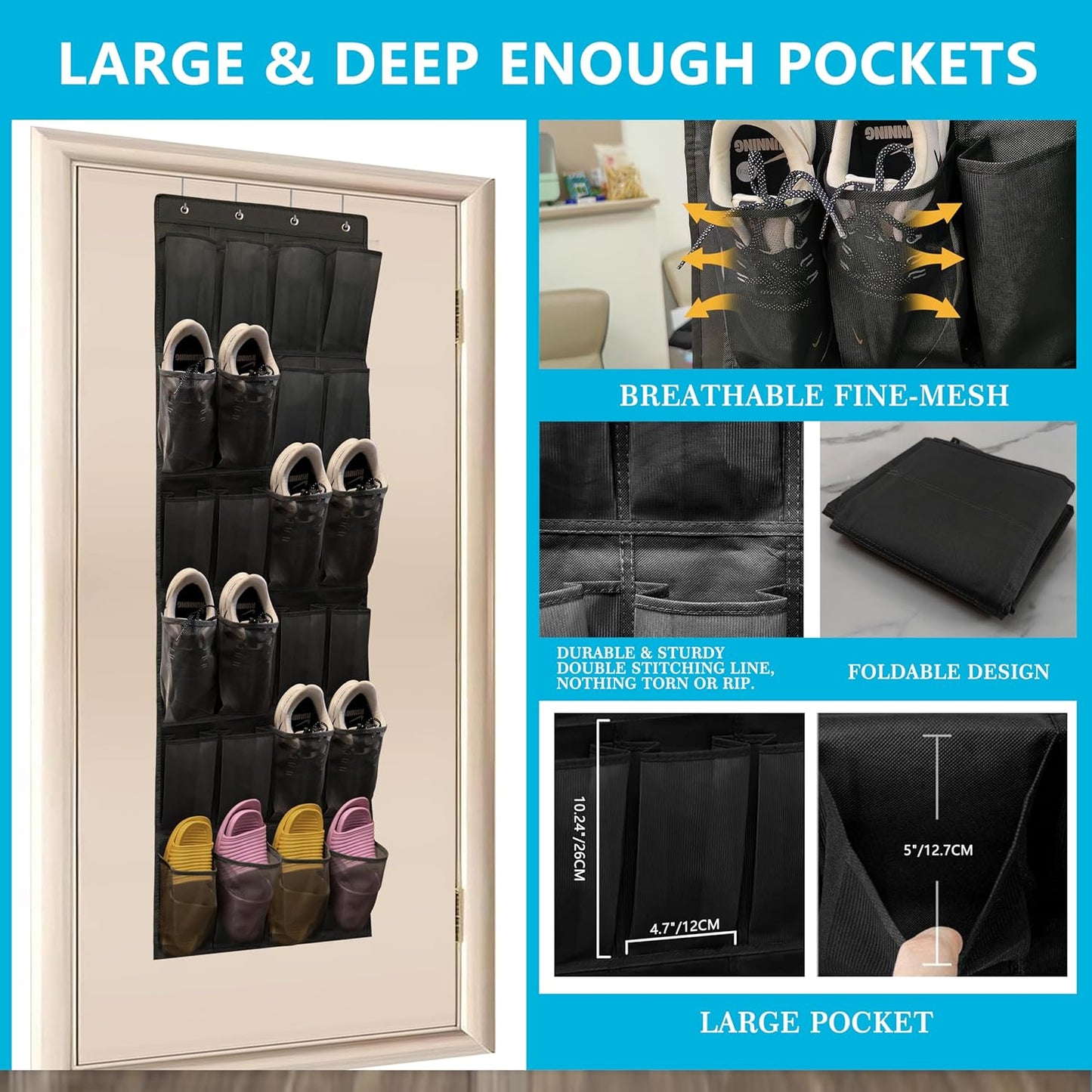 Over The Door Shoe Organizer with 24 Large Breathable Mesh Pockets Sturdy Closet Door Shoe Storage Holder Hanging SimpleHouseware Men Women Kids Shoe Holder for Rack (Black)