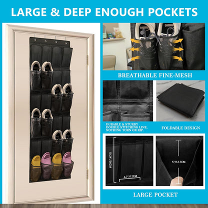 Over The Door Shoe Organizer with 24 Large Breathable Mesh Pockets Sturdy Closet Door Shoe Storage Holder Hanging SimpleHouseware Men Women Kids Shoe Holder for Rack (Black)