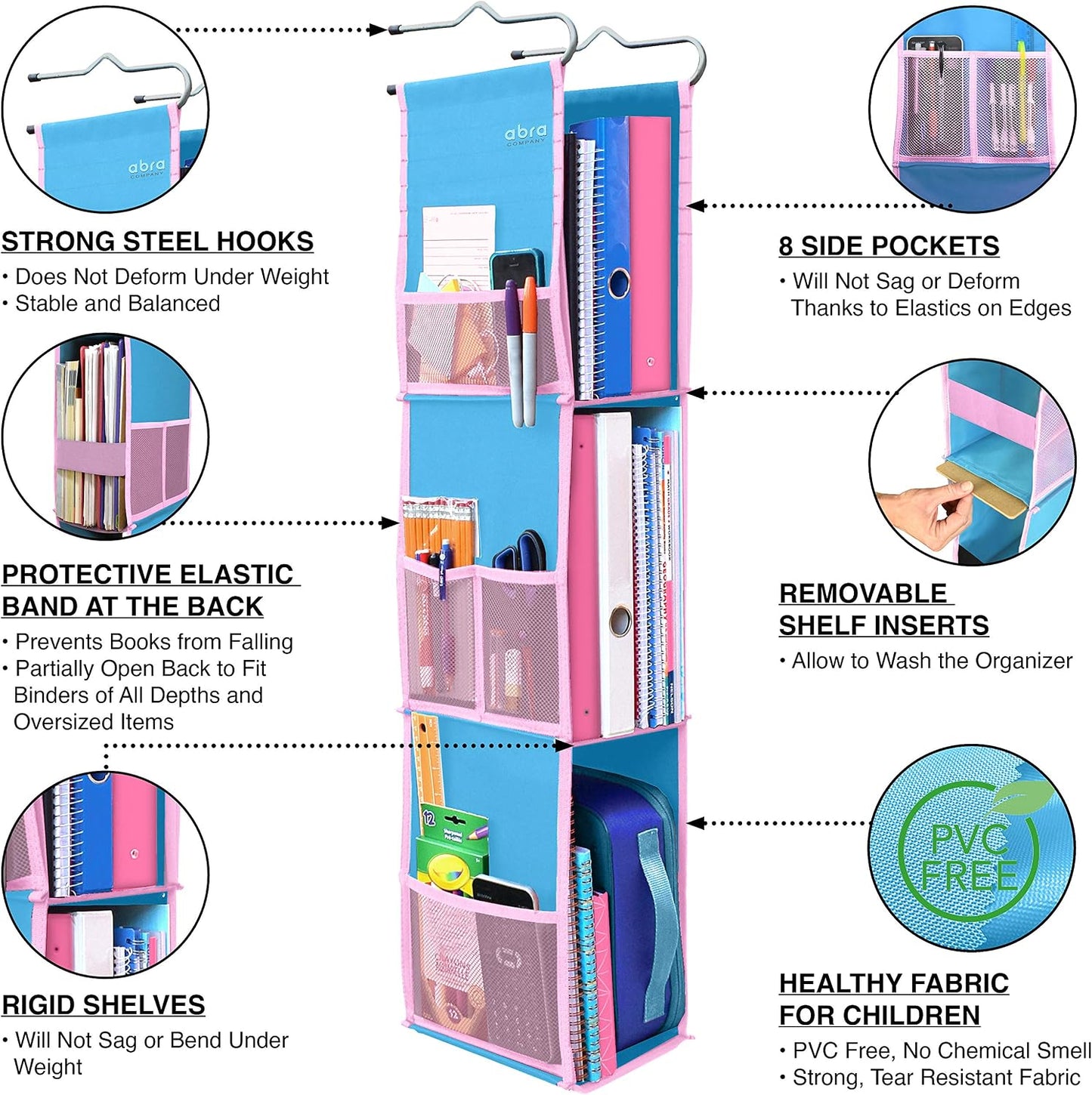 ABRA® 3 Shelf Hanging Locker Organizer for School, Gym, Work, Storage | Deep Shelves 6”x 9”| Eco-Friendly Fabric Healthy for Children | Adjustable School Locker Shelf 3 to 2 Shelves (Pink)