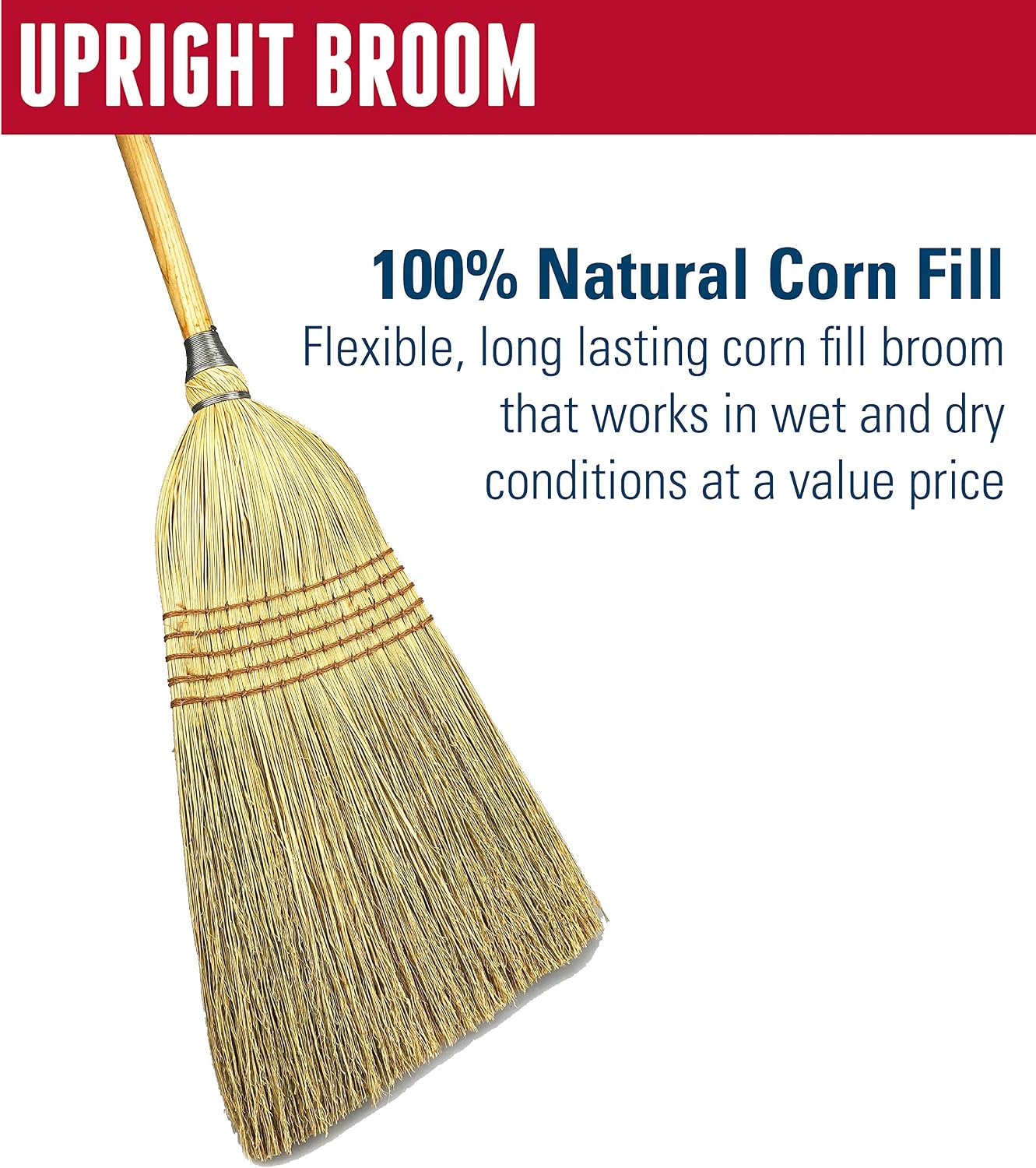Weiler 95033 Heavy-Duty Corn Broom with Wooden Handle, 5 Sews, 100% Natural Corn Fill for Indoor or Outdoor Sweeping