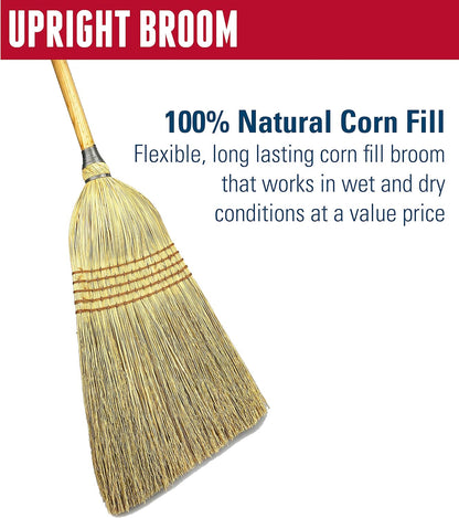 Weiler 95033 Heavy-Duty Corn Broom with Wooden Handle, 5 Sews, 100% Natural Corn Fill for Indoor or Outdoor Sweeping