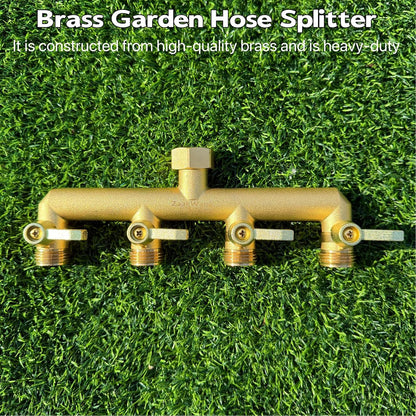 Heavy Duty Brass 2-Way Garden Hose Splitter, 3/4" GHT Threads, Metal Shutoff Valve, Long Handle